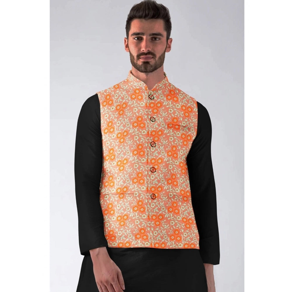 Orange jacquard printed full sleeve waistcoat with mandarin collar and button closure for men