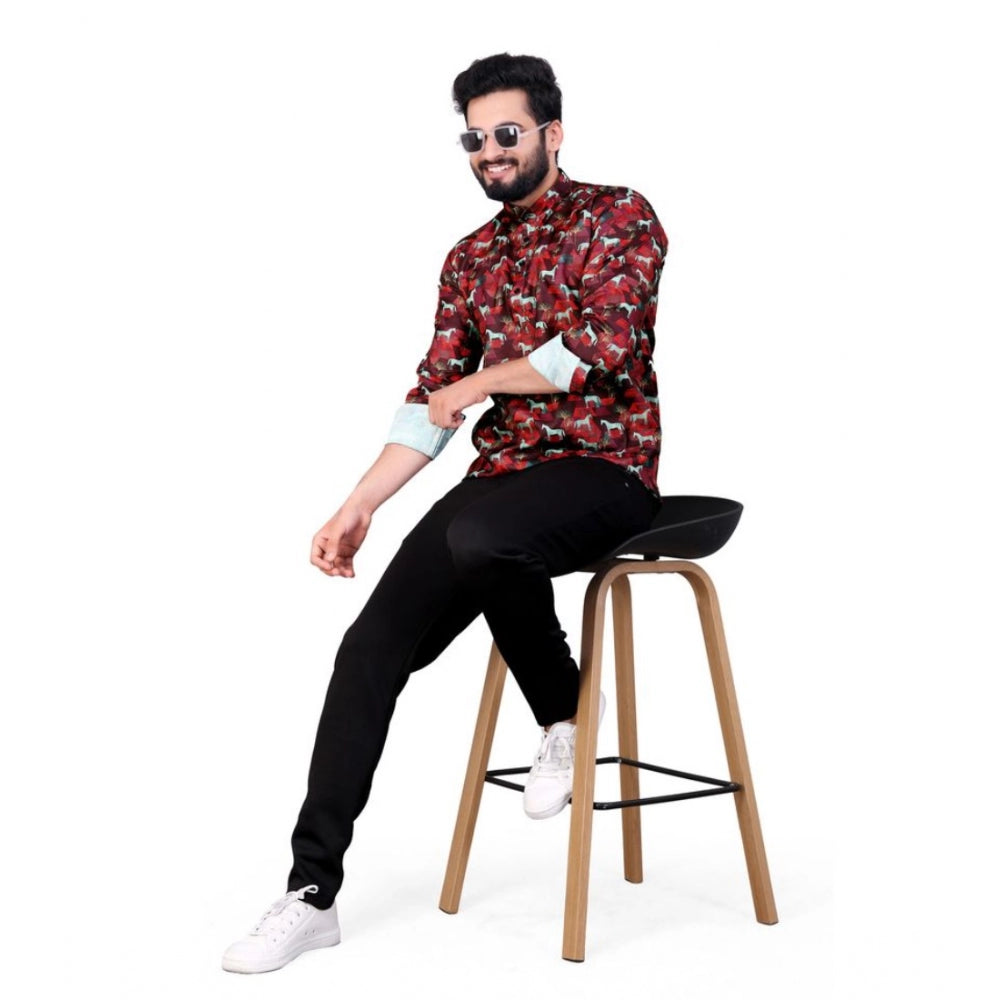 Men's short kurta in multicolor print on cotton blend fabric