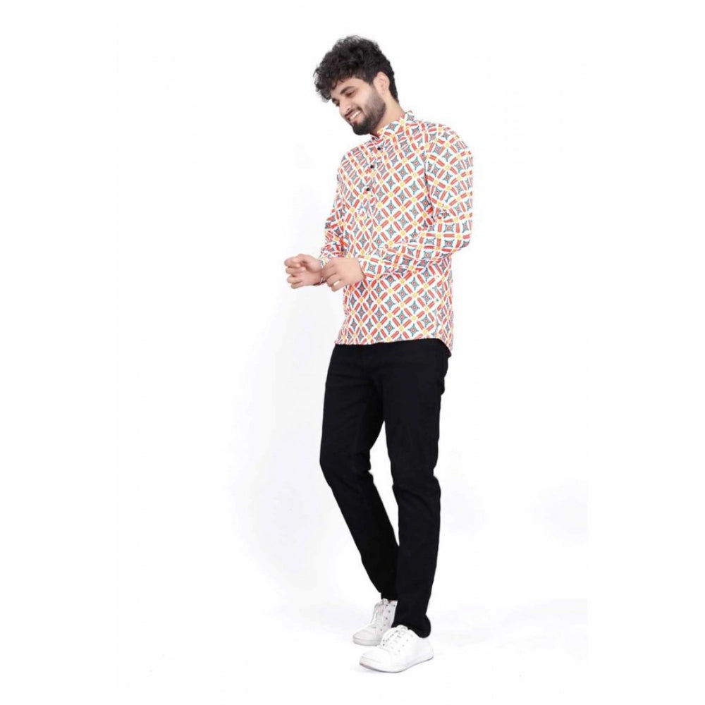 Men's multicolor printed short kurta, cotton blend fabric