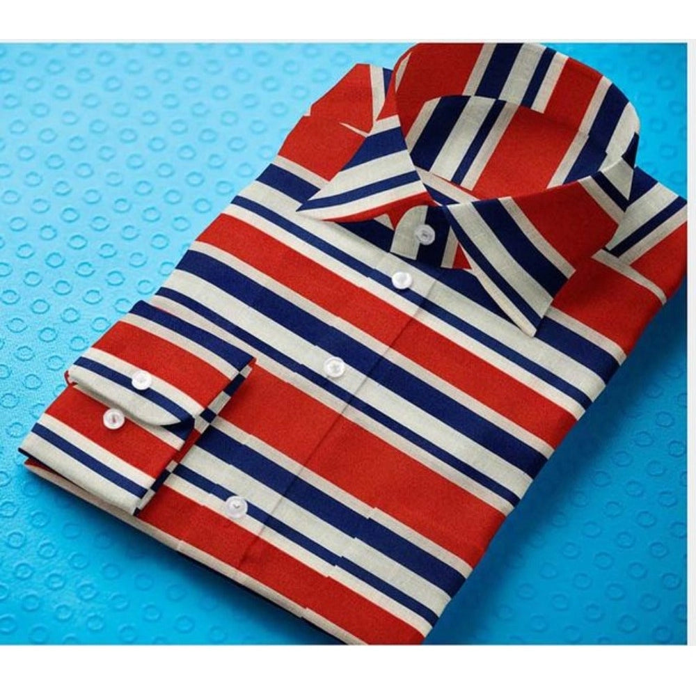 Red-Blue cotton blended striped men's full sleeve shirt on hanger