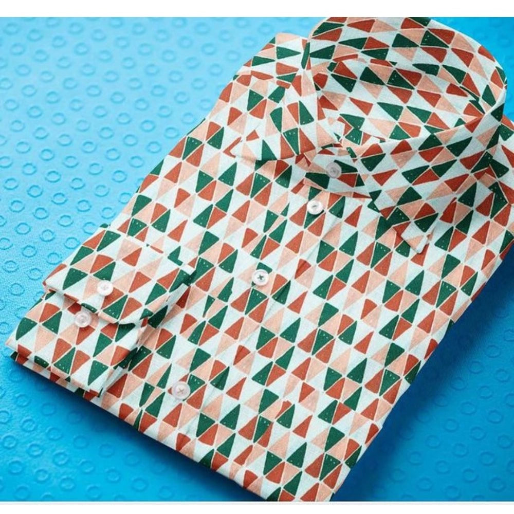 Multicolor cotton-blend men's full sleeve printed shirt with regular collar, button closure
