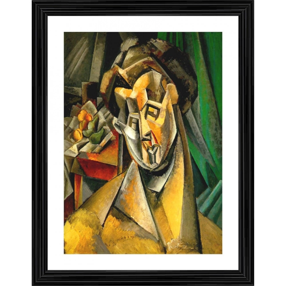 Multi-colored wood frame, 1909 art print depicting a woman with pears