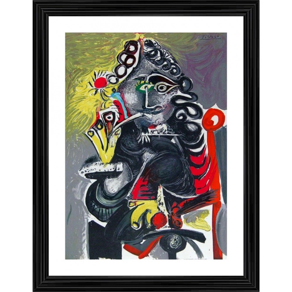 Vintage abstract painting of a figure in a multicolored wood photo frame, vibrant colors and intricate details