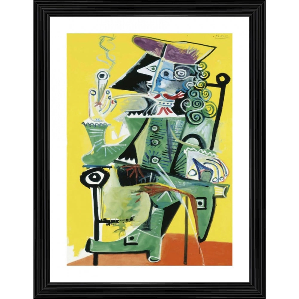 A vibrant, multicolored 1968 painting of a musketeer with a whimsical style framed by wood. This piece showcases intricate details and vivid colors that capture the essence of the subject matter. The frame is made of wood with a simple yet sturdy design. This art piece would be a charming addition to any home or office decor