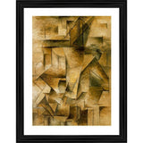 This is a framed artwork depicting a stylized representation of a guitar player from the 1910 era, rendered in a multicolored abstract style. The frame is dark-toned with a mat border, and the painting itself features geometric shapes and lines that suggest movement and music. Visible text within the image provides no additional context or information about the artwork or artist