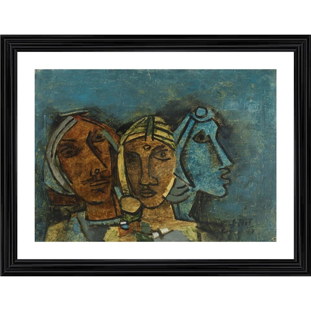 Artwork by Vishnu Narayan with three women in traditional attire, vibrant color palette, wood frame with a photograph printed on it