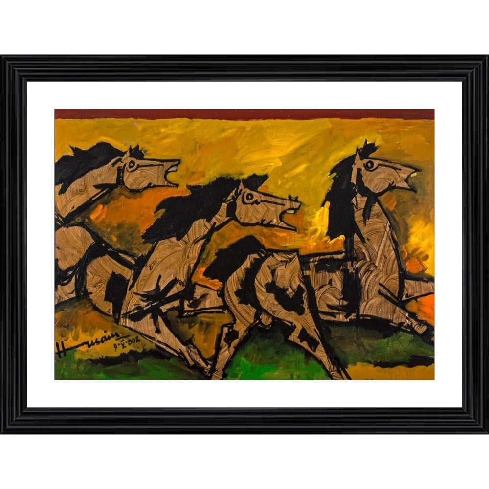 Three stylized horses painted on wood in a photo frame