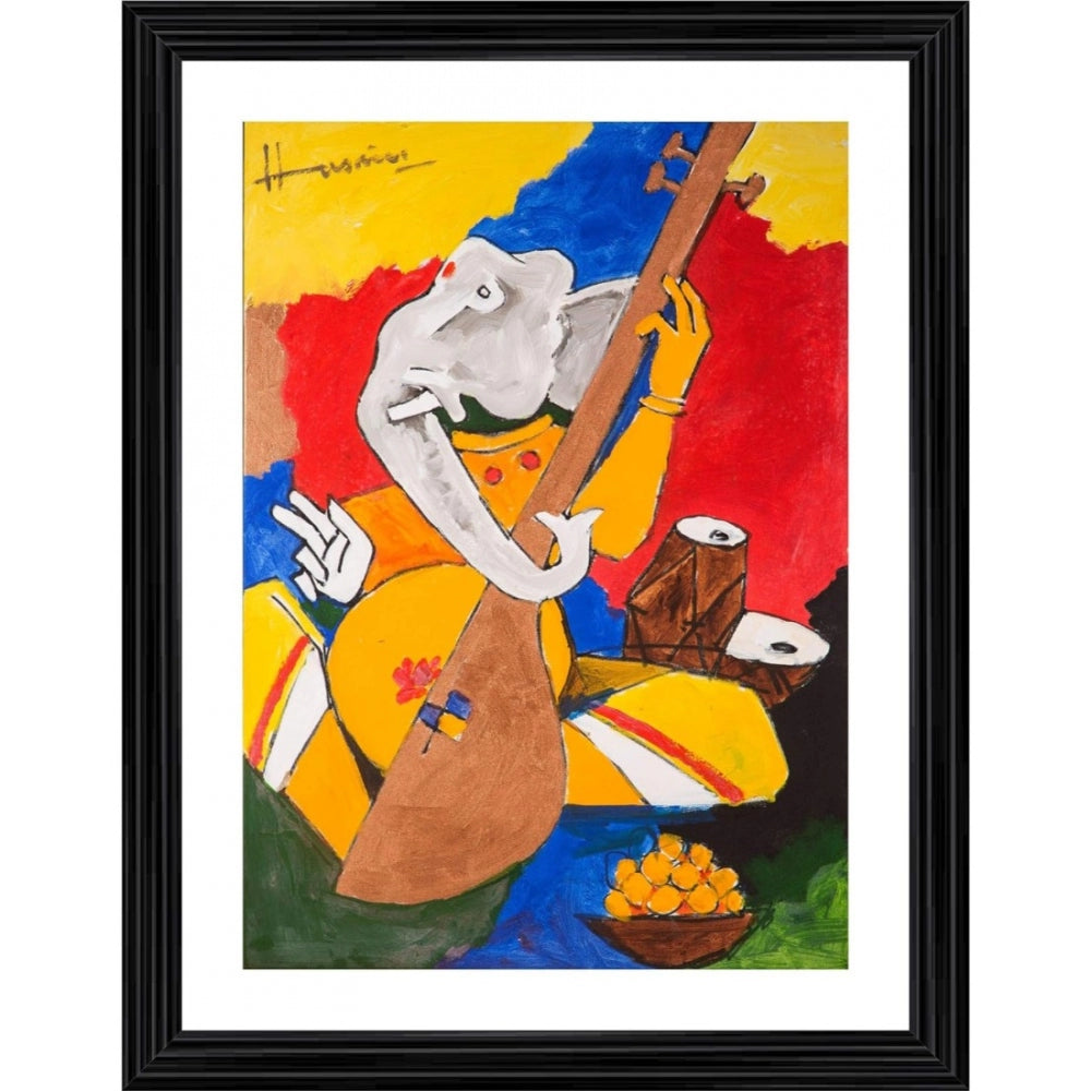 A multicolored wood photo frame with a painting of a man playing a veena, accompanied by fruit