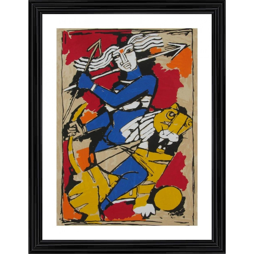 Multicolor wood framed Goddess Durga painting, lightweight wall mount art for home decor (14x18 inches)