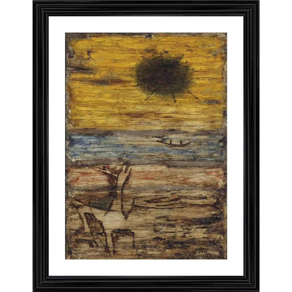An artistic painting of a desolate landscape in a vintage 1963 style within a wood photo frame