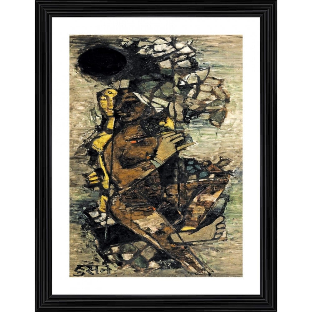 Vintage photo frame with wood border and Jhoola painting design, vibrant multicolor