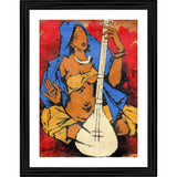 Multicolor wooden framed painting of a lady with sitar, lightweight wall-mounted photo frame (14"x18")