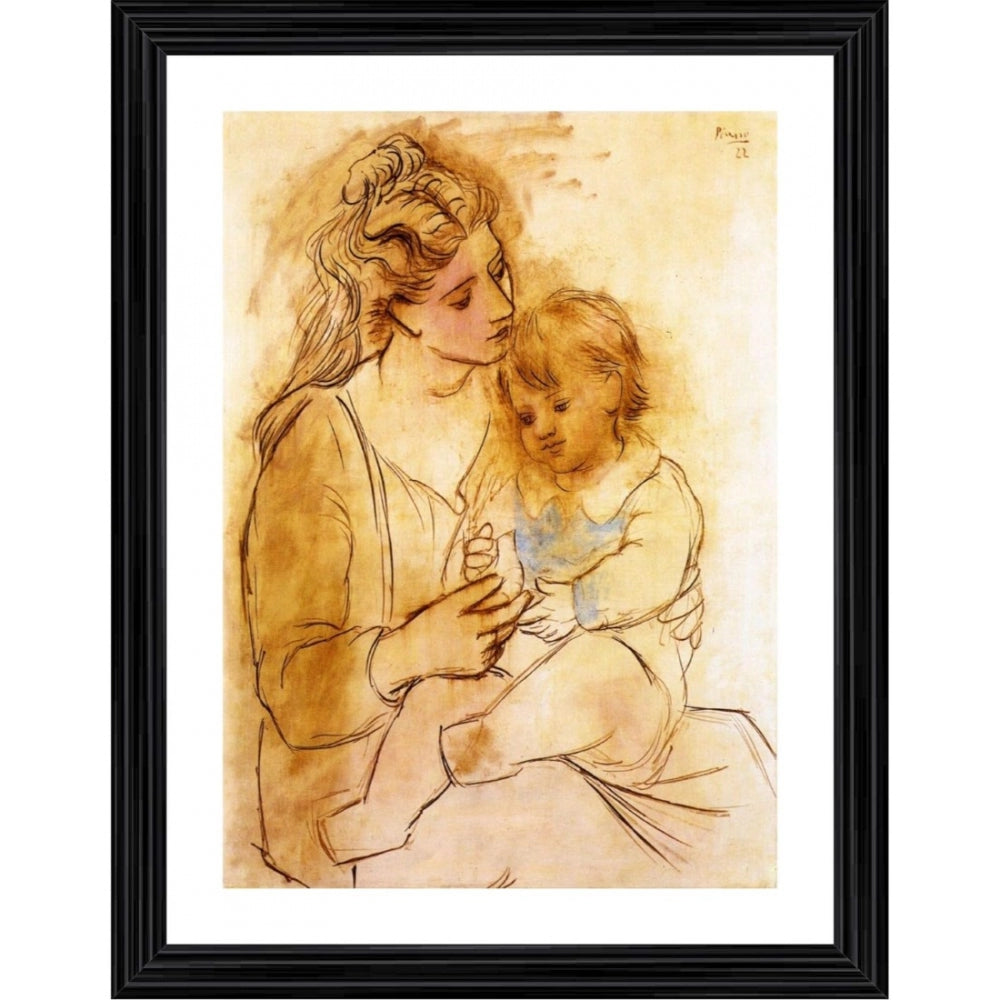 Woman in blue dress with child, oil painting on canvas in wood frame, mother and child art