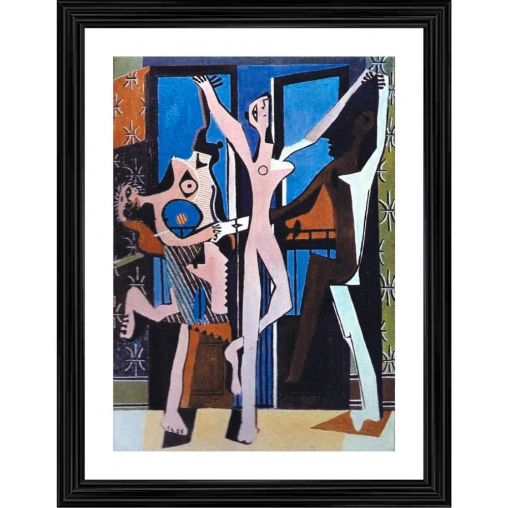 Three figure dancers, vibrant multicolor art, photo frame with a wood finish, painting from 1925