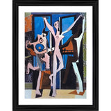 Three figure dancers, vibrant multicolor art, photo frame with a wood finish, painting from 1925
