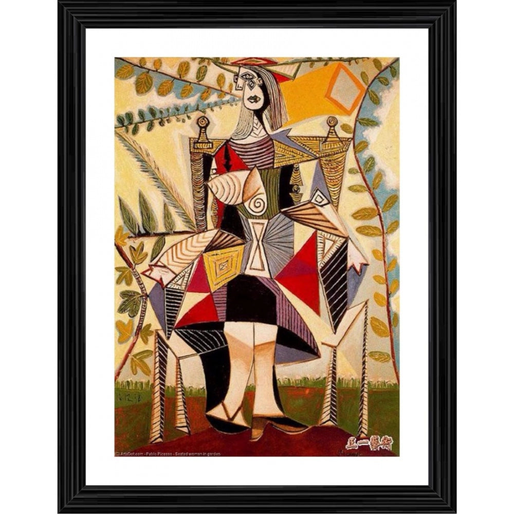 Woman seated on bench in garden, 1938 painting with wood photo frame, multicolor art