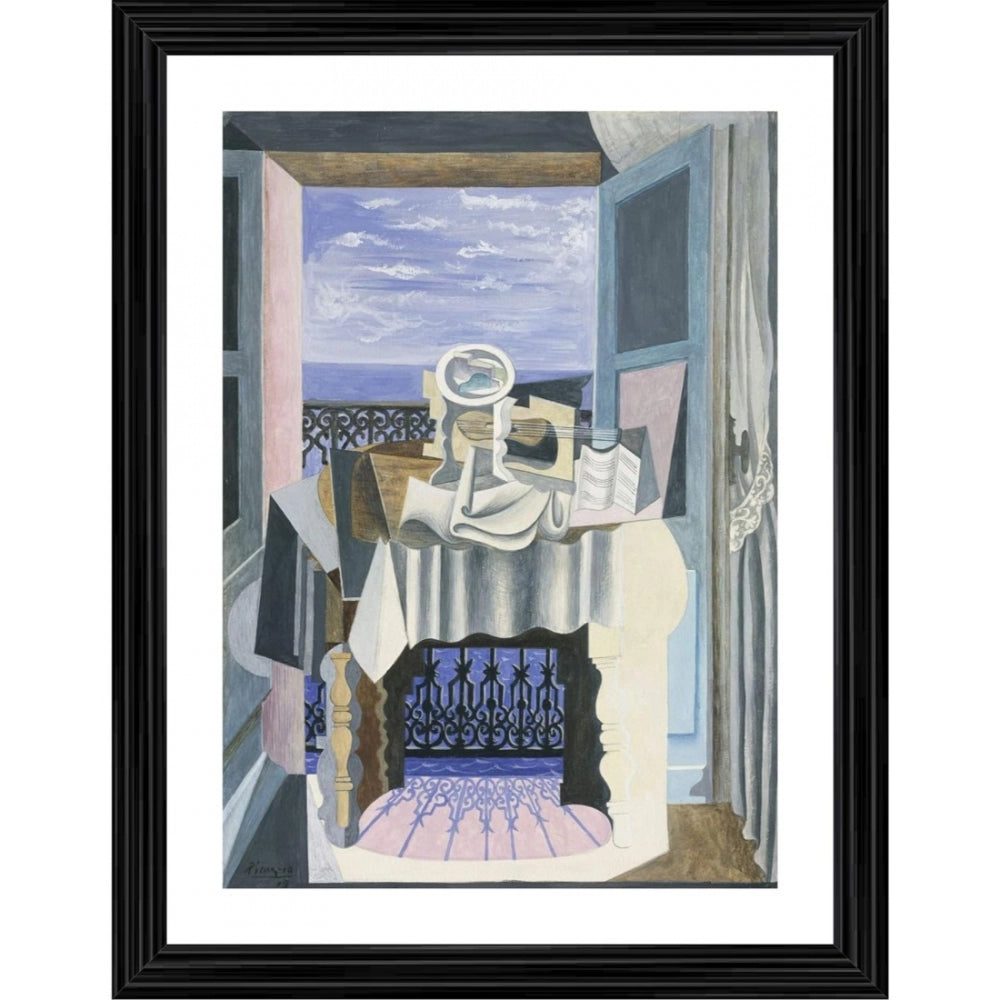 A painting featuring a room with a wooden table and a chair, set against a blue and white striped wall. The scene includes a vase filled with flowers and a cup on the table. A window in the foreground offers a view of the sea. The art style is impressionistic, with visible brushstrokes and a color palette that includes shades of blue, green, and yellow
