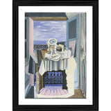 Multi-colored wood framed painting of Saint Raphael depicting life in front of a window, lightweight for wall mounting (14"x18")