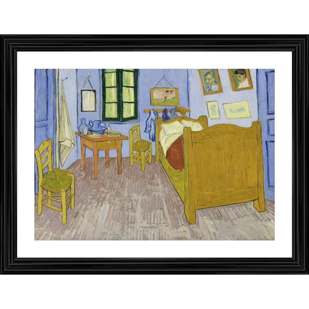 Bedroom painting depicts a simple room with wooden bed and chair, blue walls, vase on dresser, pastel accents