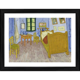 Bedroom painting depicts a simple room with wooden bed and chair, blue walls, vase on dresser, pastel accents