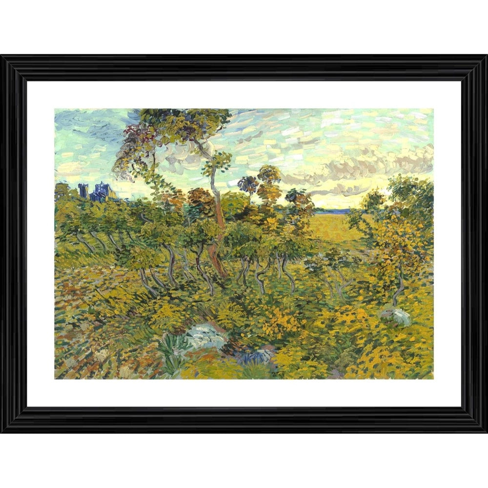 Artwork featuring a post-impressionist landscape painting. Multicolor wood photo frame with visible mounting hardware in background, depicting a sunset scene