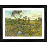 Artwork featuring a post-impressionist landscape painting. Multicolor wood photo frame with visible mounting hardware in background, depicting a sunset scene