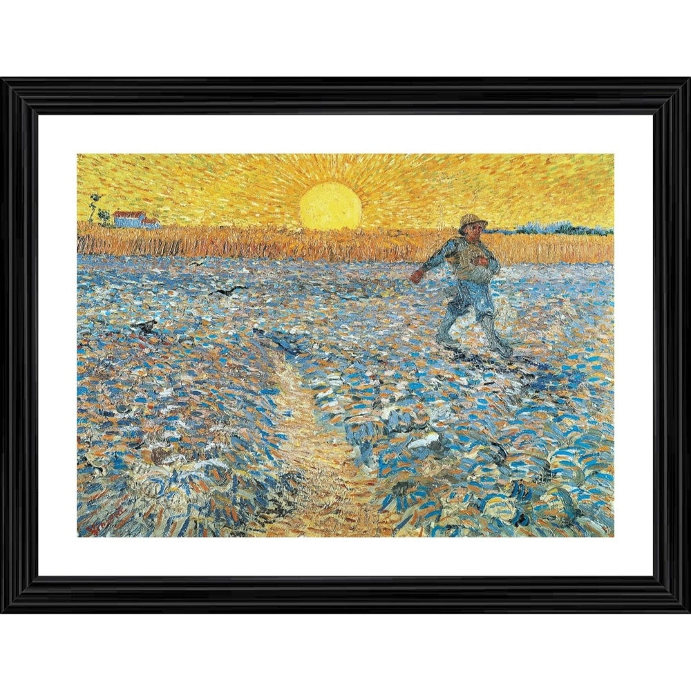 This is a framed reproduction of a painting titled "The Sower" by an unknown artist. The painting depicts a scene from nature with multiple figures, one prominently in the foreground sowing seeds while others are seen in the background, all working on a field of crops. The artwork captures a serene rural setting with a bright sun and a clear sky