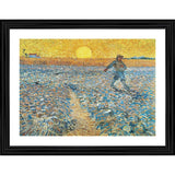 This is a framed reproduction of a painting titled "The Sower" by an unknown artist. The painting depicts a scene from nature with multiple figures, one prominently in the foreground sowing seeds while others are seen in the background, all working on a field of crops. The artwork captures a serene rural setting with a bright sun and a clear sky