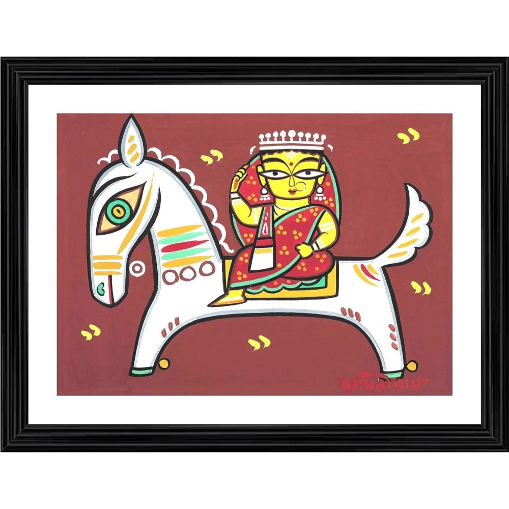 Multicolored painting of a woman riding a horse, with wood frame
