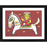 Multicolored painting of a woman riding a horse, with wood frame