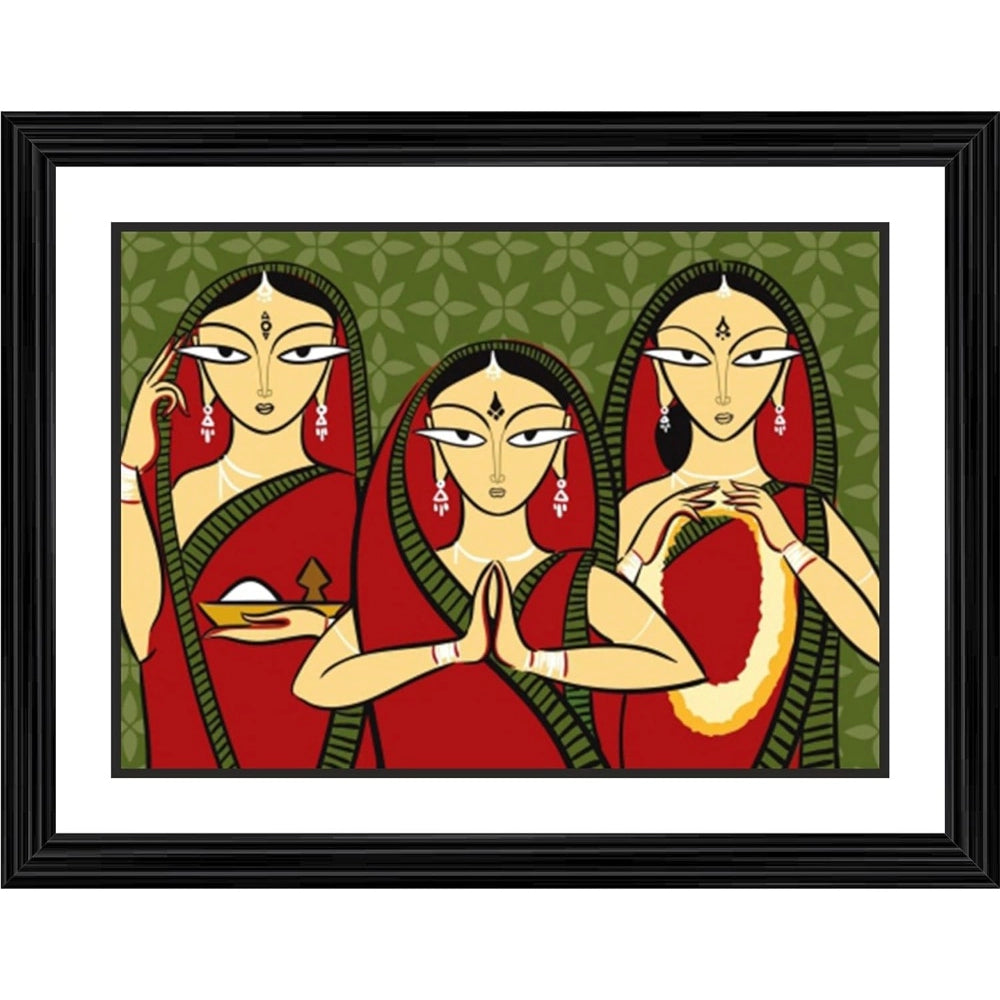 Three women in traditional attire, painting with wooden sticks. Multicolored religious art piece