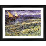Vintage painting of seascape in Saintes Maries, framed in wood, multiple vibrant colors
