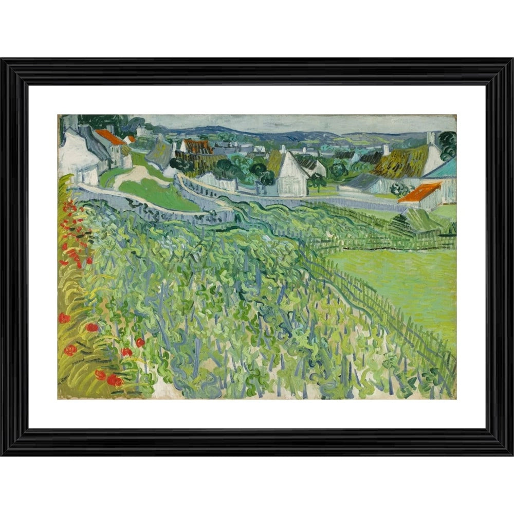 Auvers-themed landscape painting in wood photo frame, with vibrant colors capturing a village and vineyards