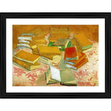 Pile of assorted vintage books, antique wood framed art print, multi-colored