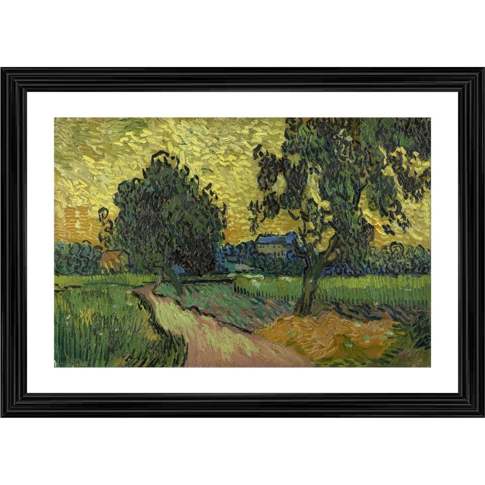 Multicolored landscape painting in photo frame, featuring vibrant fields and trees under twilight sky