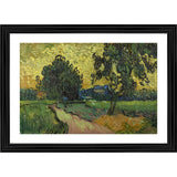 Multicolored landscape painting in photo frame, featuring vibrant fields and trees under twilight sky