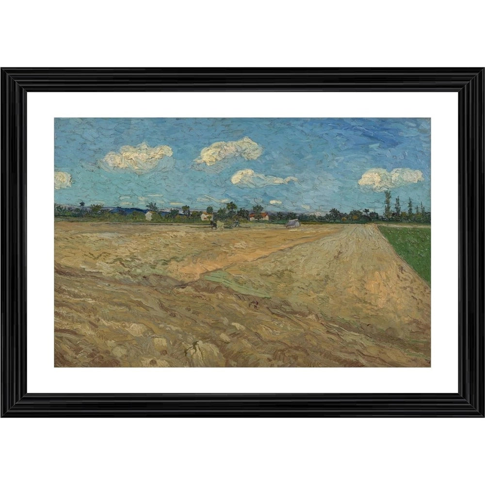 Landscape painting depicting a rural scene with ploughed fields and a clear sky, in an oil frame with multiple colors