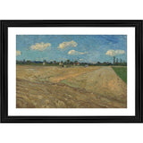 Landscape painting depicting a rural scene with ploughed fields and a clear sky, in an oil frame with multiple colors