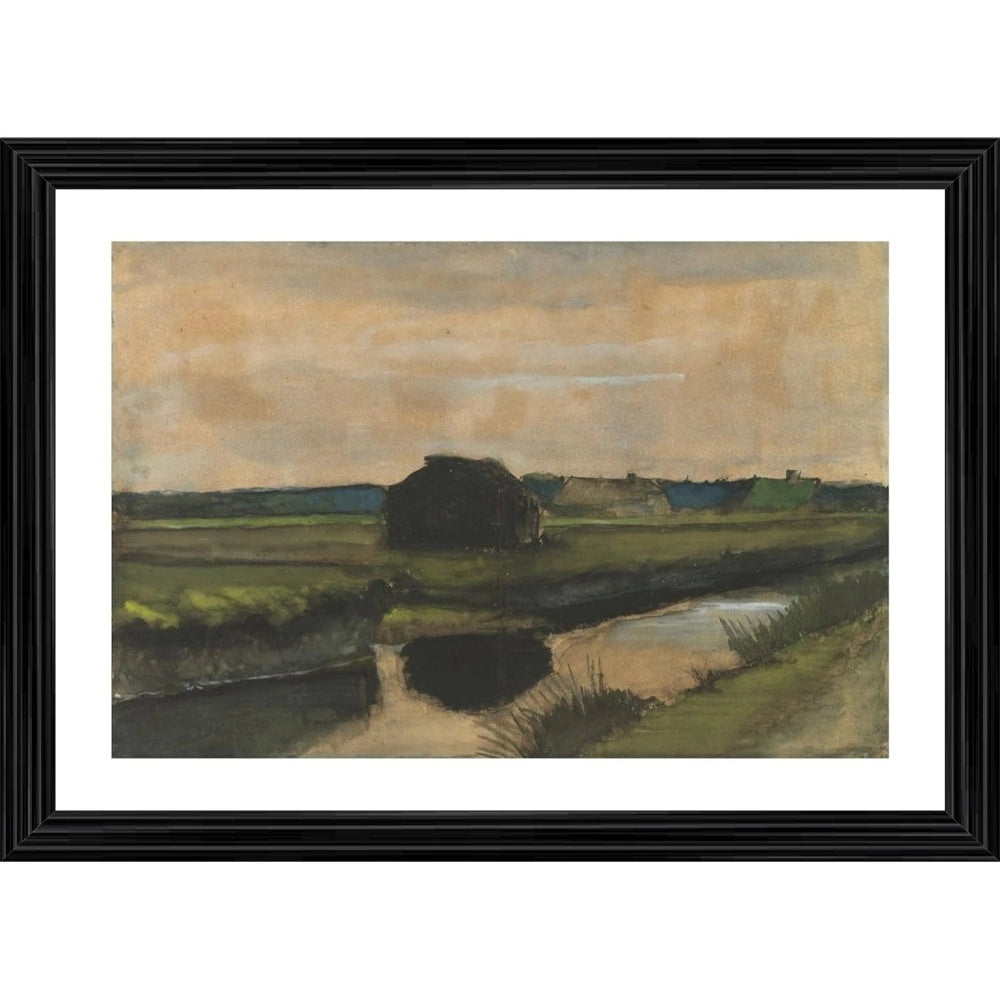 This is a framed painting depicting an agricultural scene, possibly from the 19th century, with a house, trees, and a body of water. The frame appears to be made of wood. The painting itself has a multicolor palette