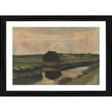 This is a framed painting depicting an agricultural scene, possibly from the 19th century, with a house, trees, and a body of water. The frame appears to be made of wood. The painting itself has a multicolor palette