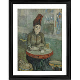 The painting depicts a woman, possibly seated at a table or counter, wearing a black top and red hat. She is holding what appears to be a cup or bottle in her hand. The background suggests an outdoor setting with a hint of blue sky and a yellow object, possibly a birdcage or a stand, to the left side of the frame