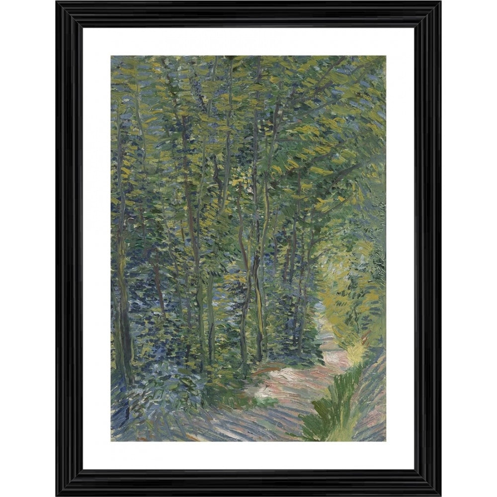A serene landscape painting, with trees lining a pathway through a forest