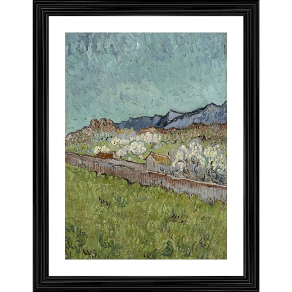 The painting is an impressionist depiction of a mountain landscape with a train on a bridge, framed in wood with multiple colors. It's reminiscent of the 1890 Alpilles series