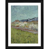 The painting is an impressionist depiction of a mountain landscape with a train on a bridge, framed in wood with multiple colors. It's reminiscent of the 1890 Alpilles series