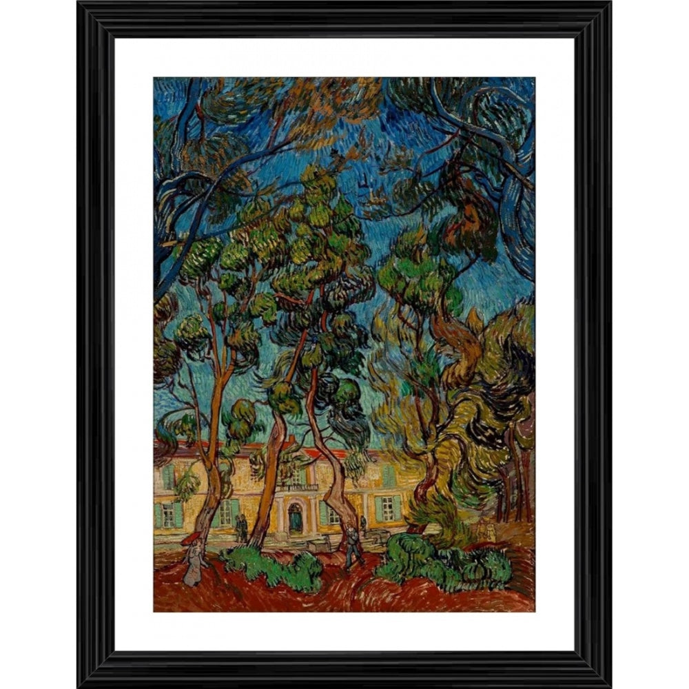 This is an artistic painting depicting a serene garden scene with pine trees and a white house under a blue sky. The frame is made of wood in various colors, giving it a multicolored appearance
