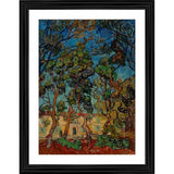 This is an artistic painting depicting a serene garden scene with pine trees and a white house under a blue sky. The frame is made of wood in various colors, giving it a multicolored appearance