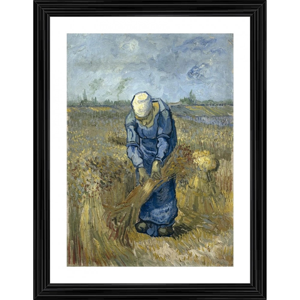 A peasant woman in an apron, bent over flax plants with a rake. The scene is set in a field during harvest time