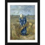A peasant woman in an apron, bent over flax plants with a rake. The scene is set in a field during harvest time