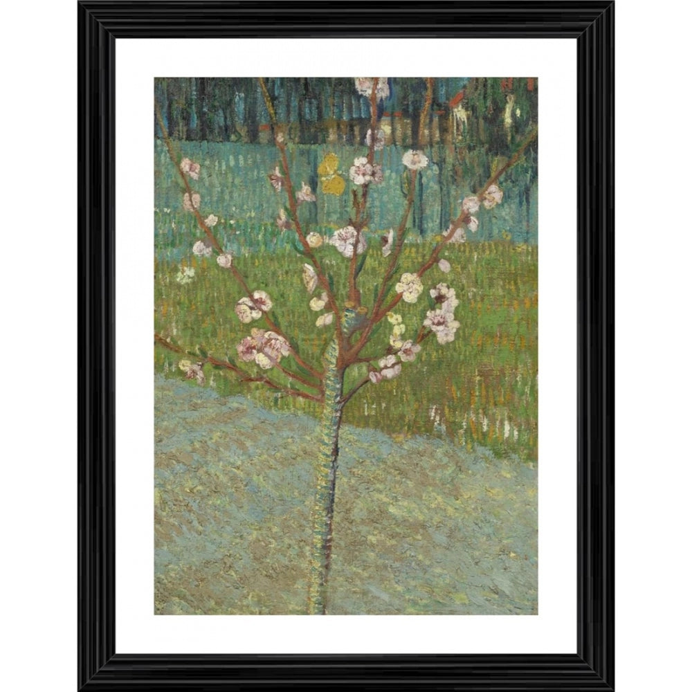 Multicolor photo frame of an impressionist painting depicting a peach tree in blossom, 1888 style, set on a wooden surface