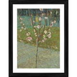 Multicolor photo frame of an impressionist painting depicting a peach tree in blossom, 1888 style, set on a wooden surface